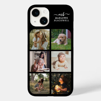 Coque Pour iPhone 14 Monogramme Nom Black White 6 Photo Collage