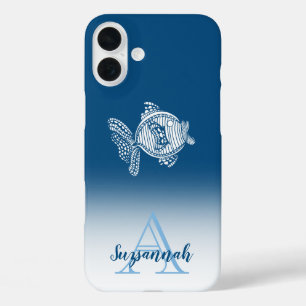 Coques iPhone 16 Plus Monogramme Nom Bleu Ombre Contour Poisson Blanc