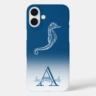 Coques iPhone 16 Plus Monogramme Nom Blue Ombre Tropical Seahorse