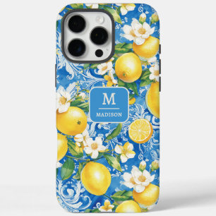 Coques iPhone 16 Pro Max Monogramme Nom Citron Bleu Jaune Floral