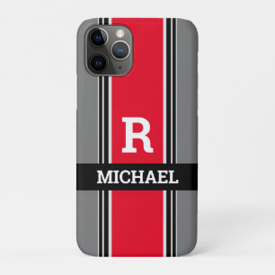 Case-Mate iPhone Case Monogramme & nom en gras, rayures rouges grises et