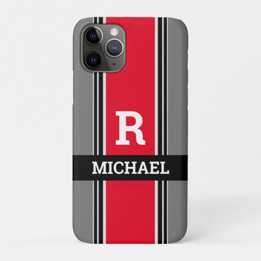 Coques Case-Mate iPhone Monogramme & nom en gras, rayures rouges grises et (Dos)