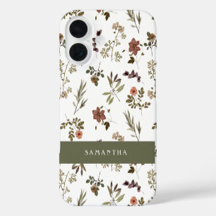 Coques iPhone 16 Monogramme Nom Fleur Sauvage Bourgogne Vert