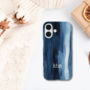 Coques iPhone 16 Monogramme Nom Initial Bleu Blanc Aquarelle Rayure