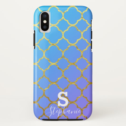 Coques Case-Mate iPhone Monogramme Nom initial Blue White Gold Foil Ombre (Dos)