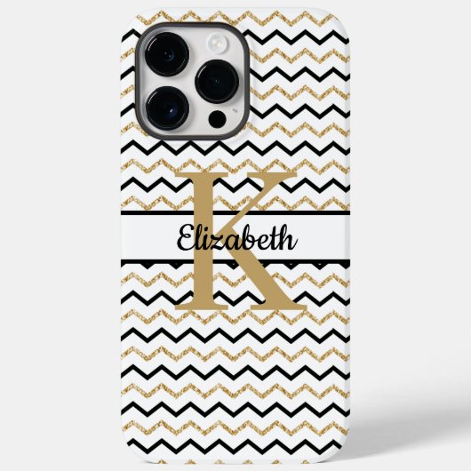 Coques Case-Mate iPhone Monogramme Nom Initial Noir Or Chevron Zig Zag (Verso)