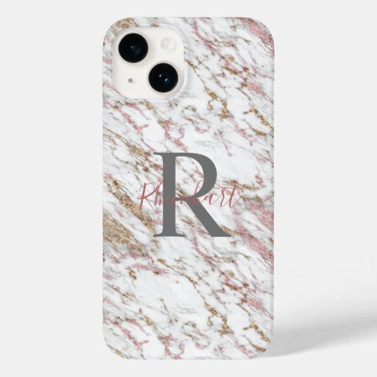 Coques Case-Mate iPhone Monogramme Nom Initiale Blanc Gris Or Rose Marbre (Verso)