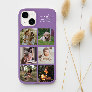 Coque Pour iPhone 14 Monogramme Nom Lavender Purple 6 Photo Collage