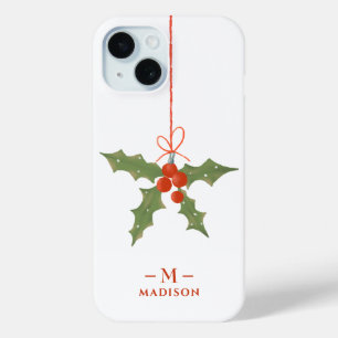 Coque Pour iPhone 15 Monogramme Nom Noël Holly Floral d'hiver