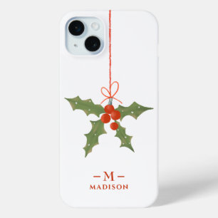 Coque iPhone 15 Mini Monogramme Nom Noël Holly Floral Hiver