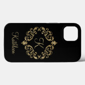 Coques Case-Mate iPhone Monogramme Nom Paillettes Noir Or Damassé Flourish (Verso (horizontal))