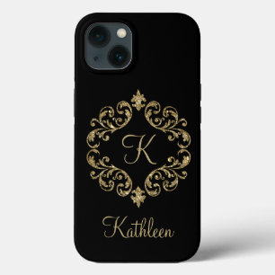 Case-Mate iPhone Case Monogramme Nom Paillettes Noir Or Damassé Flourish