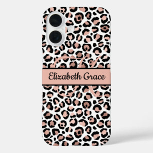 Coques iPhone 16 Monogramme Nom Rose Gold Imprimé Léopard Noir