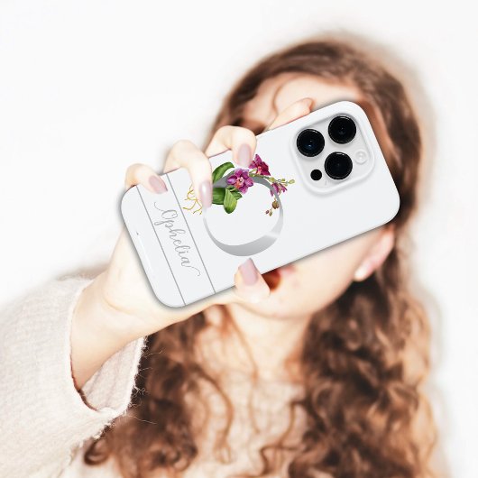 Coques Case-Mate iPhone Monogramme O argenté nom orchidée rose blanc