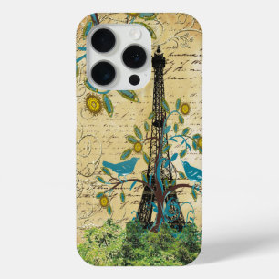Coque iPhone 15 Pro Monogramme Oiseaux de l'Amour Vintage Tour Eiffel