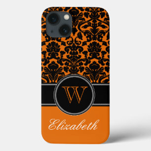 iPhone 13 Coque Monogramme orange, noir, blanc Damas iPad Air Case