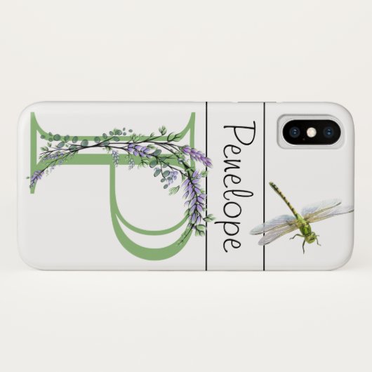 Coques Case-Mate iPhone Monogramme P Lavender Eucalyptus avec libellule (Dos (Horizontal))