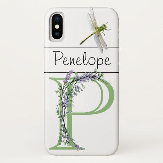 Coques Case-Mate iPhone Monogramme P Lavender Eucalyptus avec libellule (Dos)