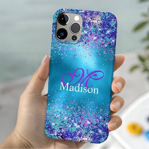 Case-Mate iPhone Case Monogramme pailleté iridescent bleu chic rose