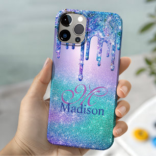 Coque Pour iPhone 14 Monogramme pailleté ombré bleu violet chic avec go