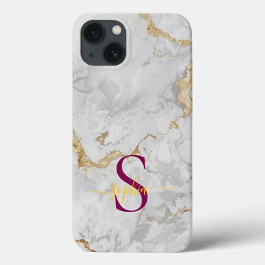 Coques Case-Mate iPhone monogramme pailleté or marbre blanc (Verso)