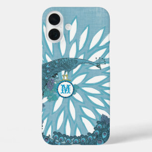 Coques iPhone 16 Plus Monogramme Peacock Moderne Fleur Turquoise