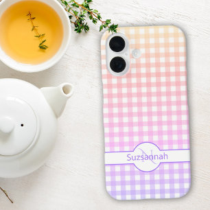 Coques iPhone 16 Monogramme personnalisé à carreaux Gingham arc-en-