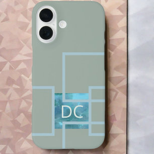 Coques iPhone 16 Monogramme personnalisé abstrait vert sauge géomét
