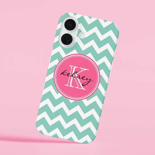Coques Case-Mate iPhone Monogramme personnalisé Aqua et Pink Chevron