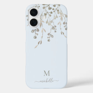 Coques iPhone 16 Monogramme personnalisé aquarelle botanique bleu