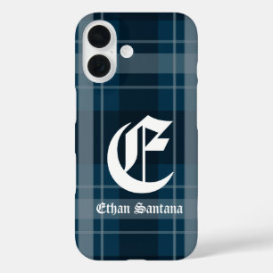 Coques iPhone 16 Monogramme personnalisé bleu foncé Plaid