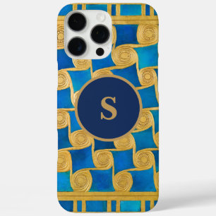 Coques iPhone 16 Pro Max Monogramme personnalisé bleu or Égypte antique
