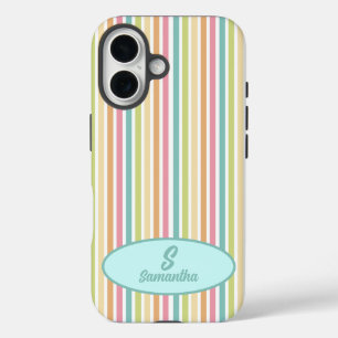 Coques iPhone 16 Monogramme Personnalisé Brillant Pastel Stripes