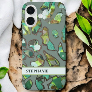 Coques iPhone 16 Monogramme personnalisé camouflage abstrait vert m