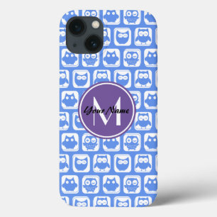 Etui iPhone 13 Monogramme personnalisé Chouette bleue et Lilac Pe