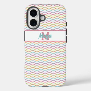 Coques iPhone 16 Monogramme personnalisé Colorful Wavy Stripes Past