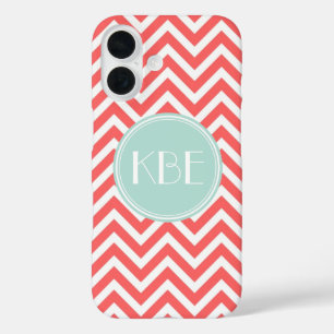 Coques iPhone 16 Monogramme personnalisé Coral et Mint Chevron