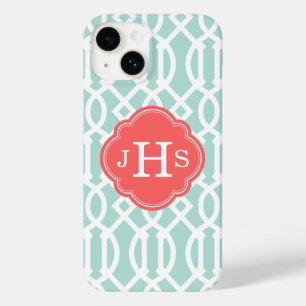 Coque Pour iPhone 14 Monogramme personnalisé de la menthe et du corail 