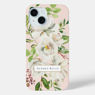 Coque Pour iPhone 15 Monogramme personnalisé des fleurs dorées   Blush