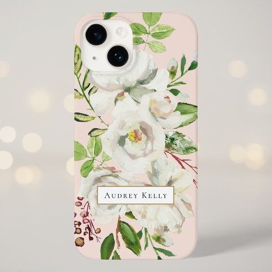 Coques Case-Mate iPhone Monogramme personnalisé des fleurs dorées | Blush