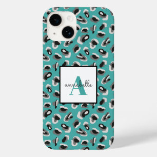 Coque Pour iPhone 14 Monogramme personnalisé Empreinte de léopard Aqua