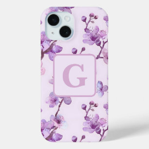 Coque Pour iPhone 15 monogramme personnalisé fleurs de cerisier pourpre
