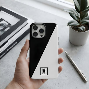 Coque iPhone 15 Pro Max Monogramme personnalisé Géométrique Noir & Blanc P
