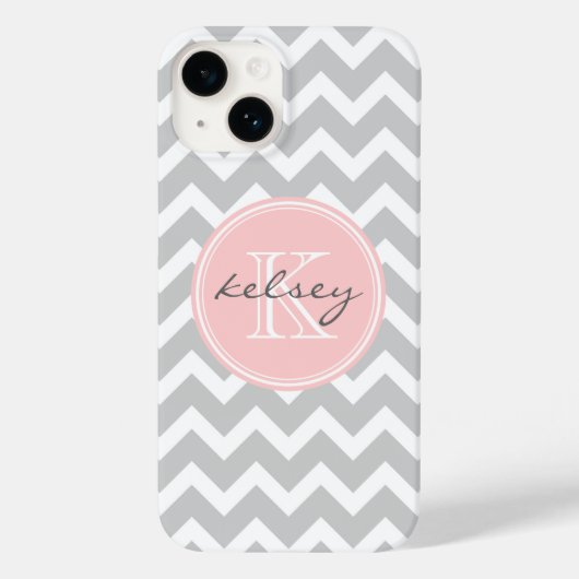 Coques Case-Mate iPhone Monogramme personnalisé Gris et Rose Chevron (Verso)