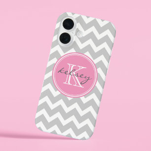 Coques iPhone 16 Monogramme personnalisé Gris et Rose Chevron