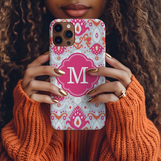 Coques Case-Mate iPhone Monogramme personnalisé Ikat rose et corail