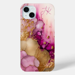 Coque iPhone 15 Mini Monogramme personnalisé Marbre Or Violet Moderne