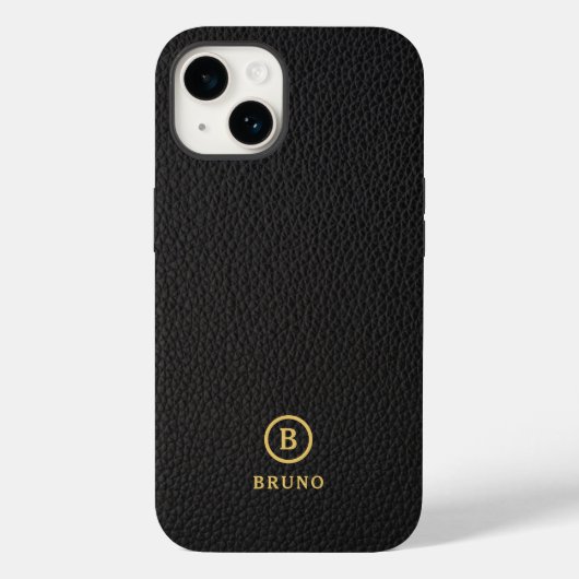 Coques Case-Mate iPhone Monogramme personnalisé minimaliste en cuir noir (Verso)