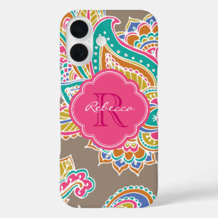 Coques iPhone 16 Monogramme personnalisé Mocha Bohemian Paisley