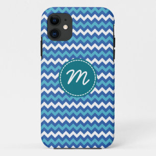 Coque iPhone 11 Monogramme personnalisé Motif blanc et bleu Chevro